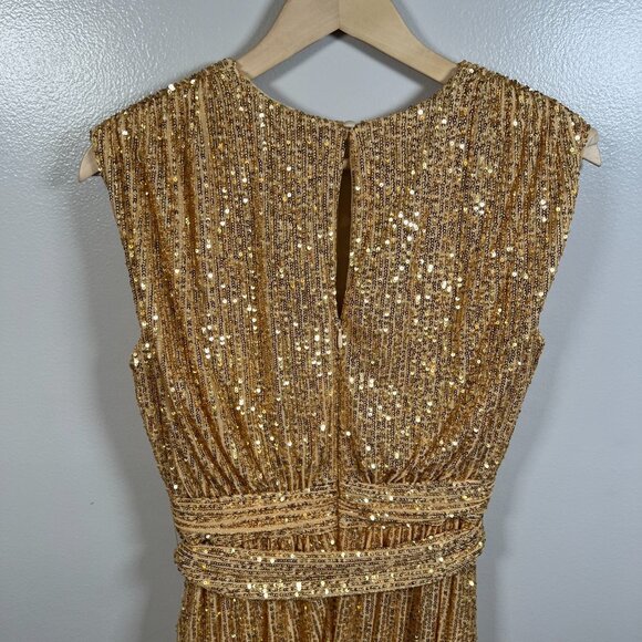 LDT Ivy Goddess Gold Sequin Maxi Dress Size 2 Tie Waist Formal Wedding Event - Picture 9 of 11